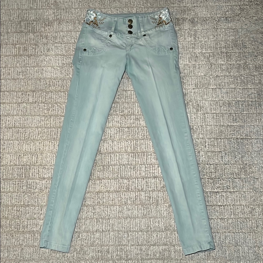 Women’s Light Greenish Skinny Jeans with Embellished Pockets